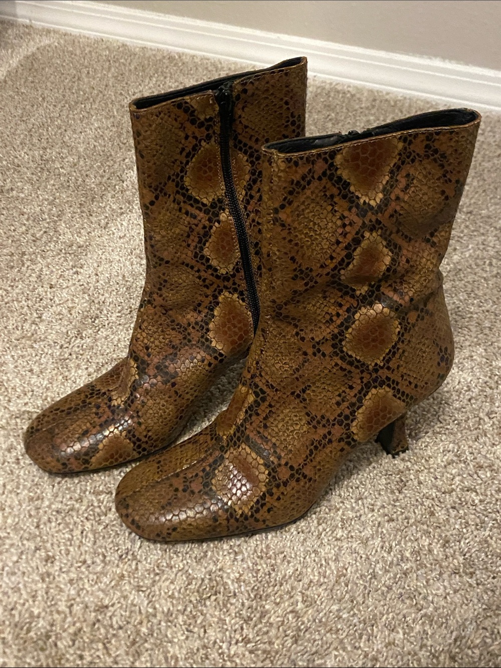 Women's Brown Snake-Print Mid Heel Ankle Boots